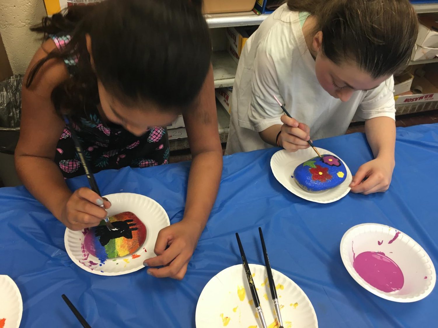 Students in grades 3 through 6 painted rocks after hearing the book Only One You by Linda Kranz. Each rock shows the student's individuality. The rocks will be cemented into a rock garden later this school year.