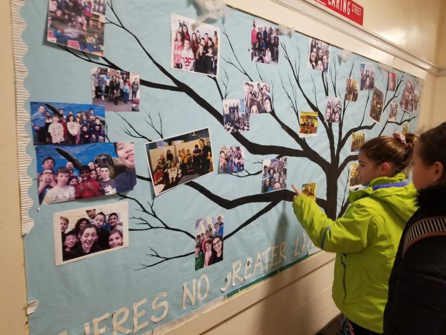 This bulletin board outside the Learning Lab hosts photos of thirty different school families at school, There is one family for each staff member.