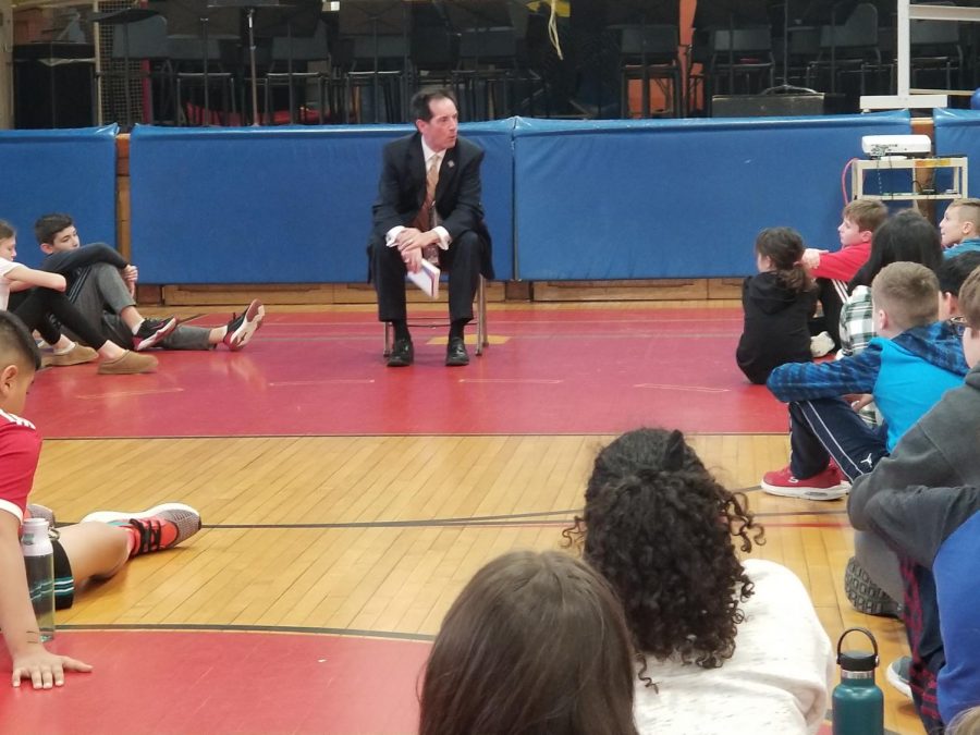 Superintendent Brian Gatens read the first chapter of Fish in a Tree to fifth and sixth graders at Patrick M. Villano School. Dr. Gatens is an avid, lifelong reader.