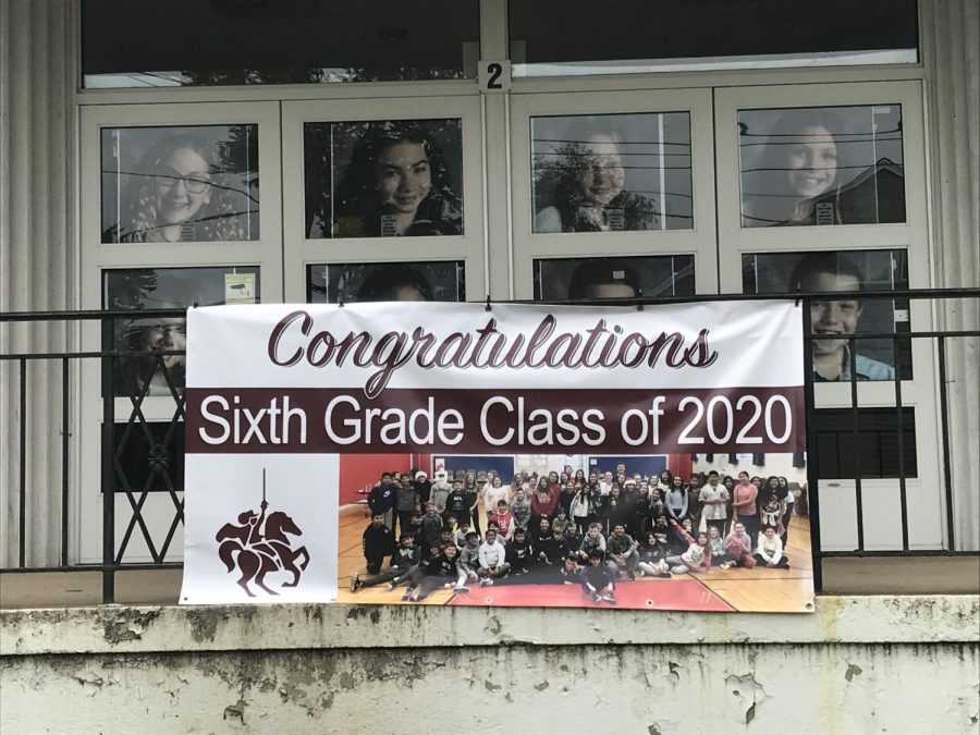 Patrick M. Villano School Principal Jessica Espinoza printed and displayed photos of every sixth-grader in  the schools windows. She also ordered a banner that congratulates sixth-graders on their upcoming promotion. The banner displays a picture of the students at a recent celebration.