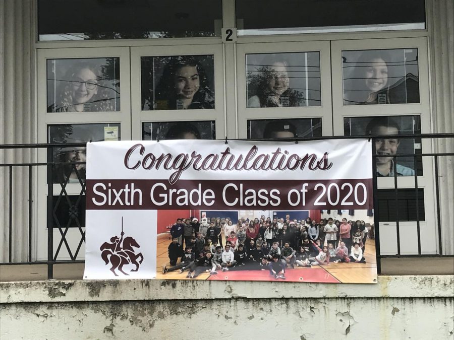 Patrick M. Villano School Principal Jessica Espinoza printed and displayed photos of every sixth-grader in  the school's windows. She also ordered a banner that congratulates sixth-graders on their upcoming promotion. The banner displays a picture of the students at a recent celebration.