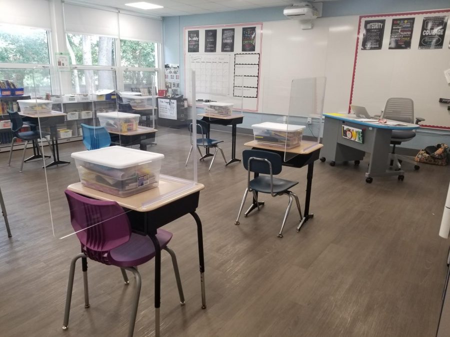 This+fourth-grade+classroom+at+Patrick+M.+Villano+School+remains+empty.++District+administrators+are+waiting+for+the+latest+state+health+reports+before+deciding+when+students+and+staff+can+return+to+the+building.