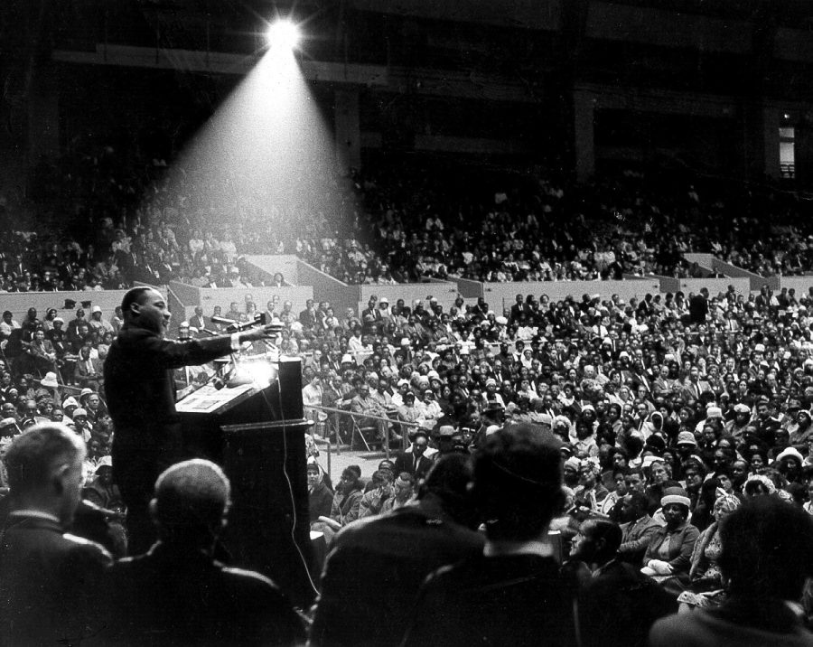 Dr. Martin Luther King, Jr. spoke at an interfaith civil rights rally in San Francisco, California, on June 30, 1964.