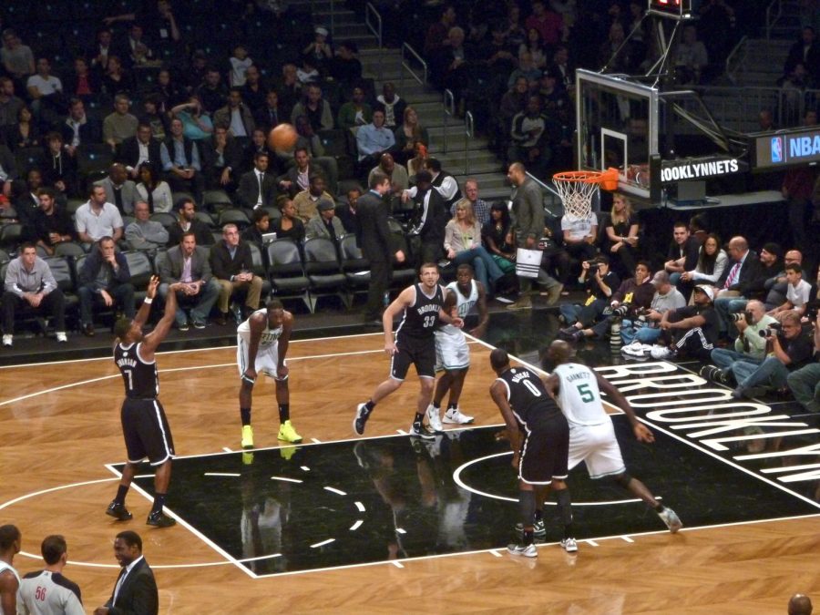 Joe Johnson of the Brooklyn Nets shooting a free throw in a basketball game against the Boston Celtics in Barclays Center during a game in October 2012.