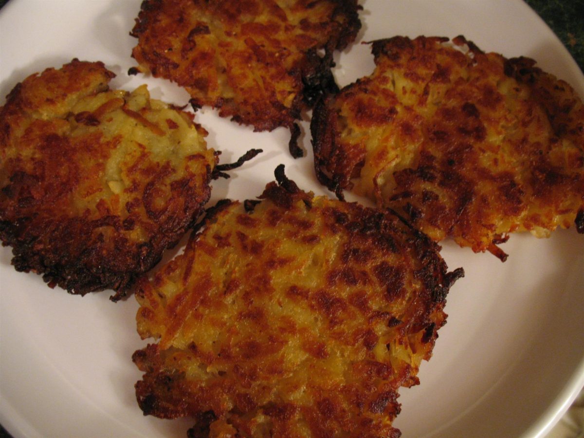 Latkes are made from potatoes, oil, egg, onion and matzo meal.