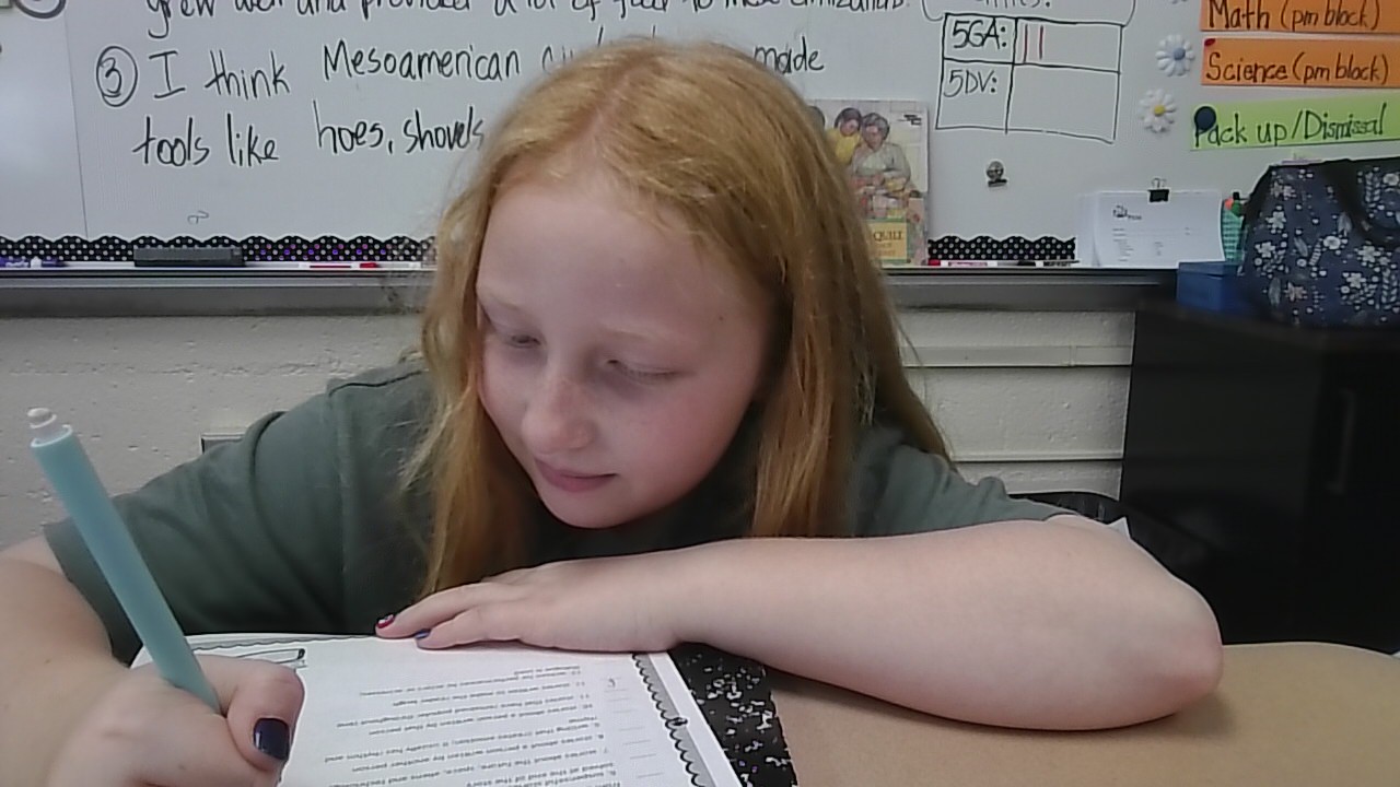 This fifth-grader is quietly doing her work and focused on what she's doing at her desk.