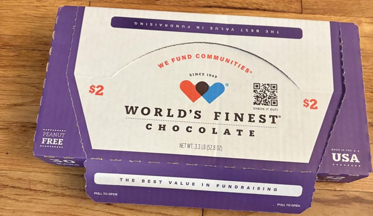 The World's Finest Chocolate company helps schools with fundraising. Each box of 30 bars offers a variety of flavors.