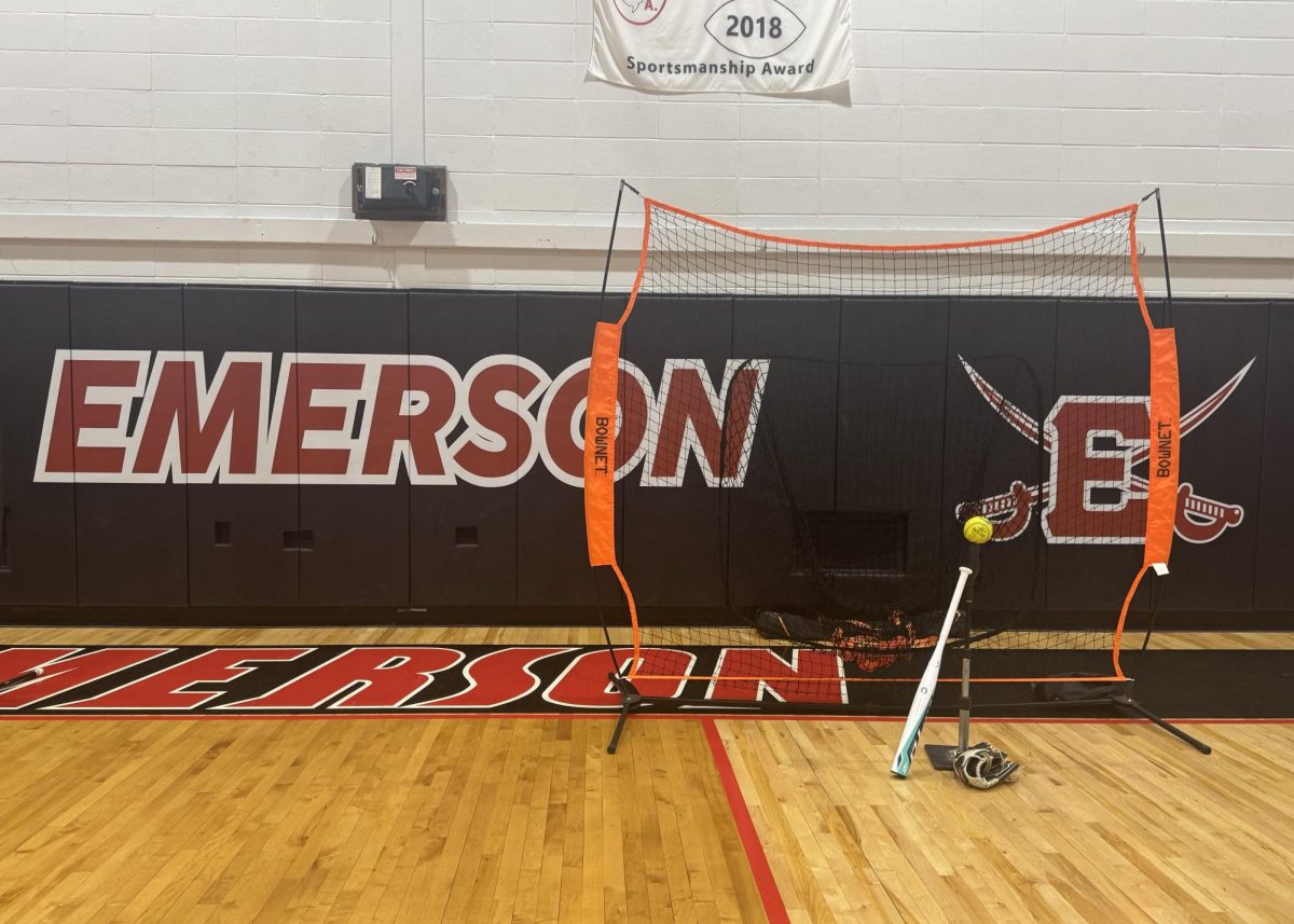 The Emerson Junior-Senior High School gym is set up for softball winter workouts.  