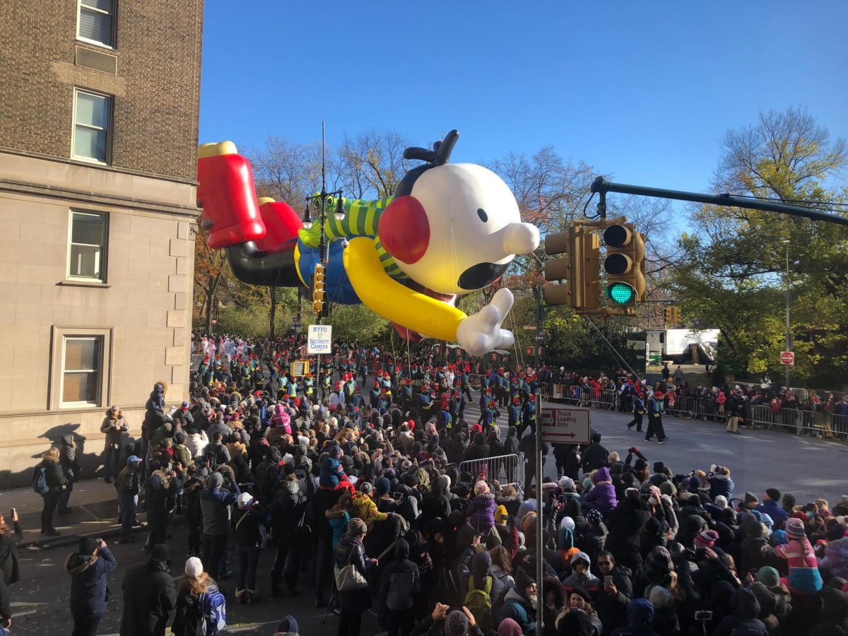Greg Heffley, middle school student and main character in the book series Diary of a Wimpy Kid, floats along the parade route. This photo was taken in 2017.