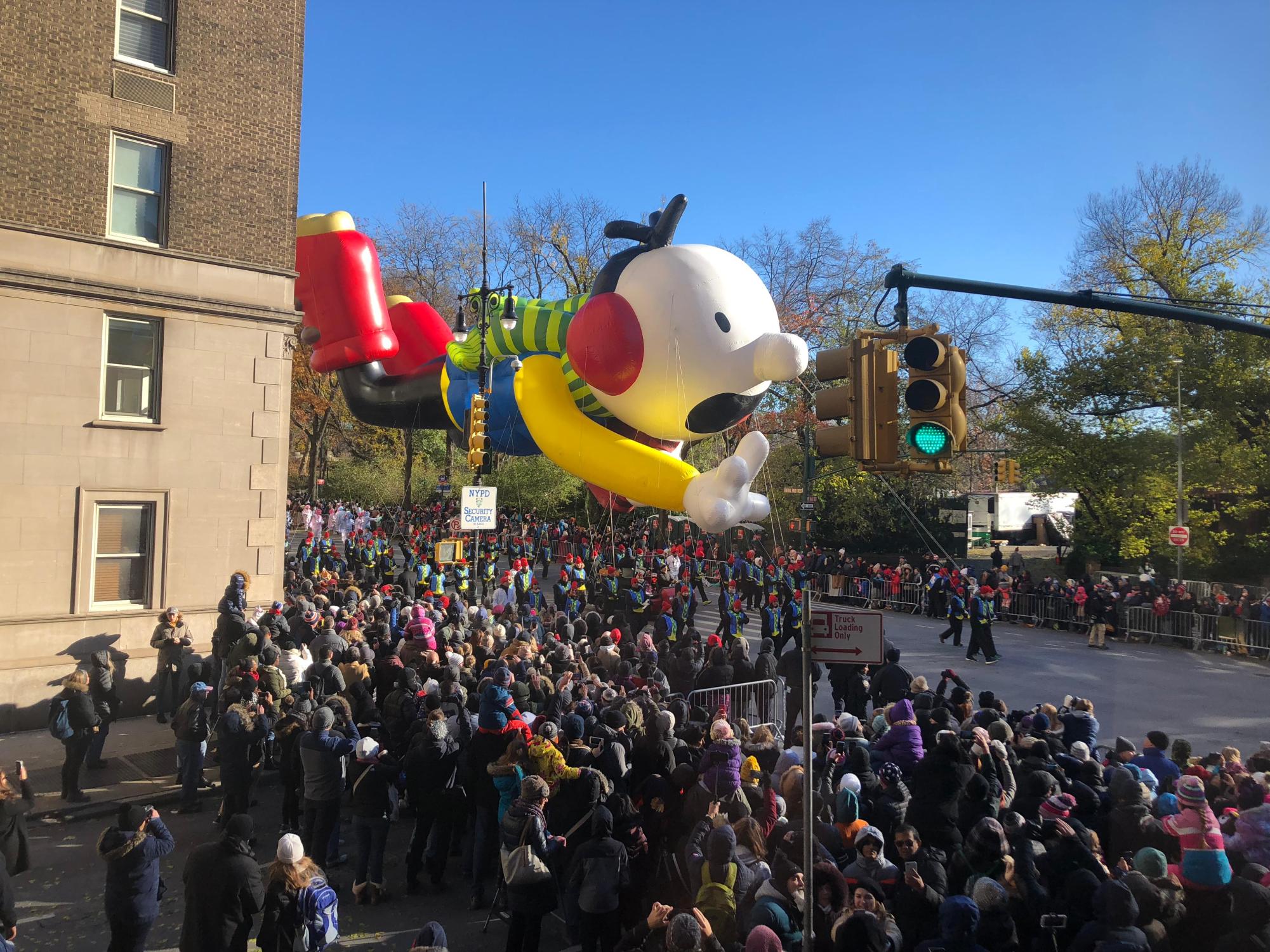 Greg Heffley, middle school student and main character in the book series Diary of a Wimpy Kid, floats along the parade route. This photo was taken in 2017.