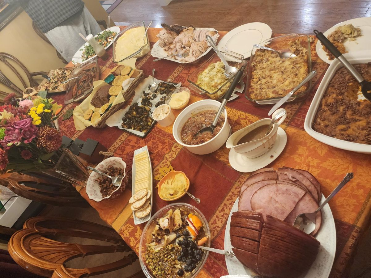 Mashed potatoes, cranbrry sauce, and stuffing are common sides on the Thanksgiving table.