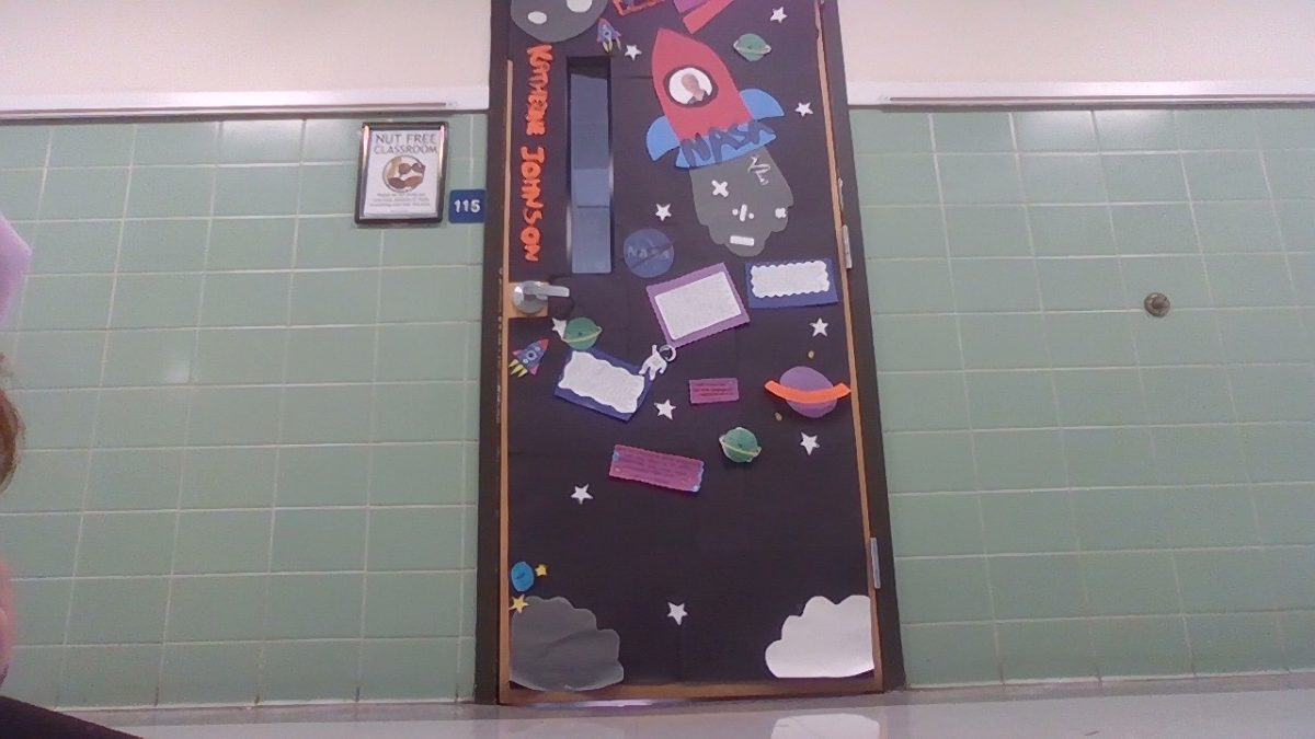 Some fifth graders in Erin Amicucci's class decorated this door in honor of Katherine Jhonson, a mathematician at NASA.